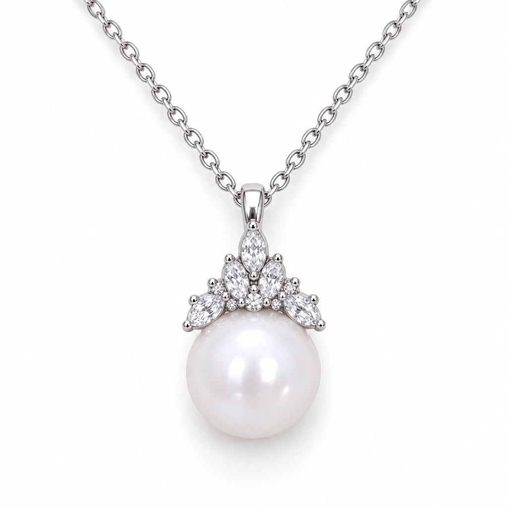 Elin pavé leaf crown freshwater pearl pendant necklace in sterling silver on white background
