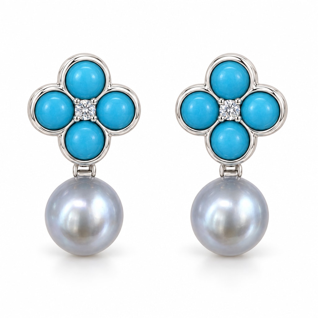 Elise turquoise clover pearl drop earrings, four turquoise-colored cabochons above a 10-11mm freshwater pearl