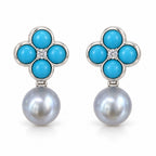 Elise turquoise clover pearl drop earrings, four turquoise-colored cabochons above a 10-11mm freshwater pearl