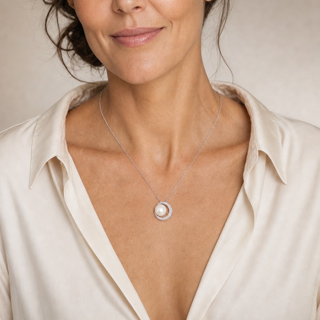 Woman wearing the Elizabeth crescent moon pearl pendant necklace at the sternum over a black ribbed top