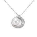 Elizabeth pavé crescent moon freshwater pearl pendant necklace in sterling silver on white background
