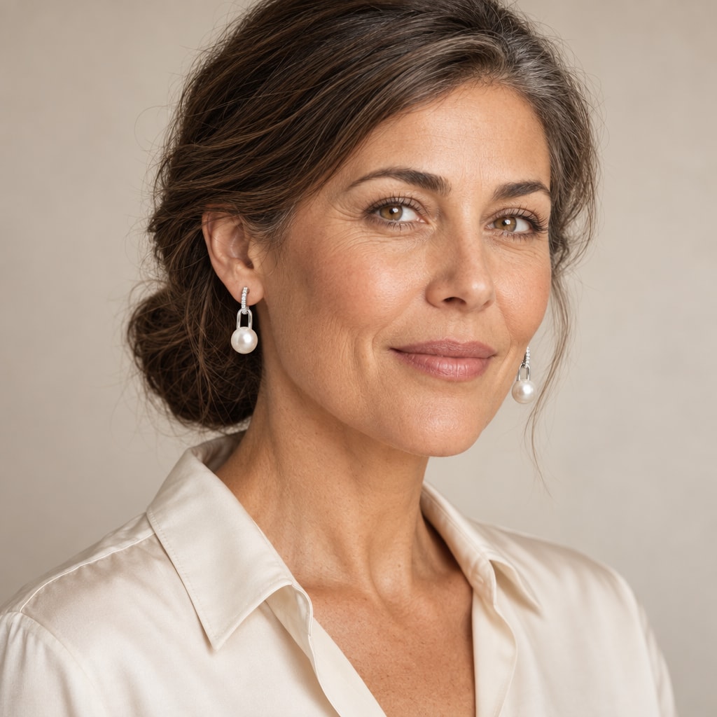 Woman in her forties wearing the Elke padlock pearl drop earrings, hair half up