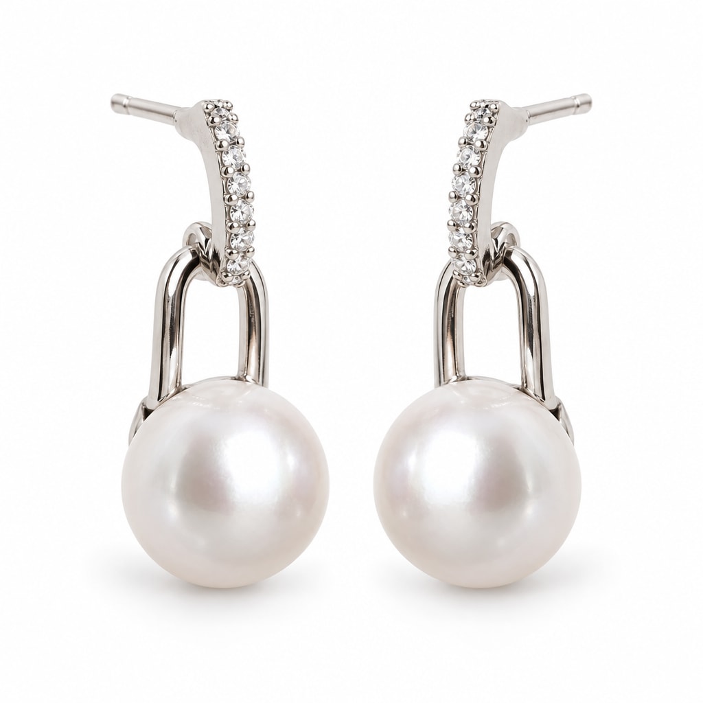 Elke pavé bar padlock pearl drop earrings, 10-11mm white freshwater pearls on sterling silver
