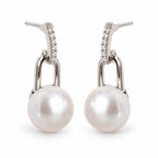 Elke pavé bar padlock pearl drop earrings, 10-11mm white freshwater pearls on sterling silver