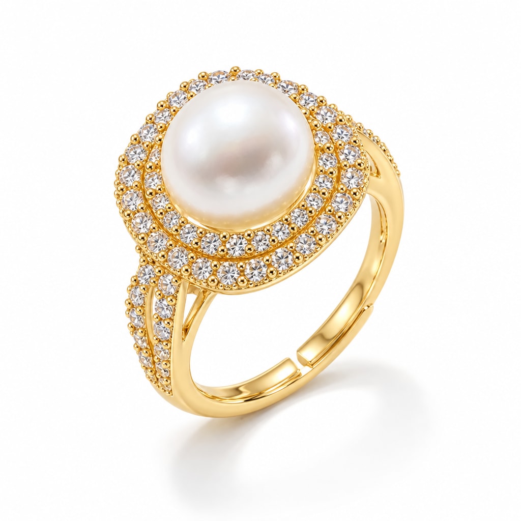 Elodie double halo pearl ring in gold-plated sterling silver on white background