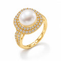 Elodie double halo pearl ring in gold-plated sterling silver on white background