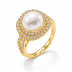 Elodie double halo pearl ring in gold-plated sterling silver on white background