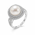 Elodie double halo pearl ring in gold-plated sterling silver on white background - second finish