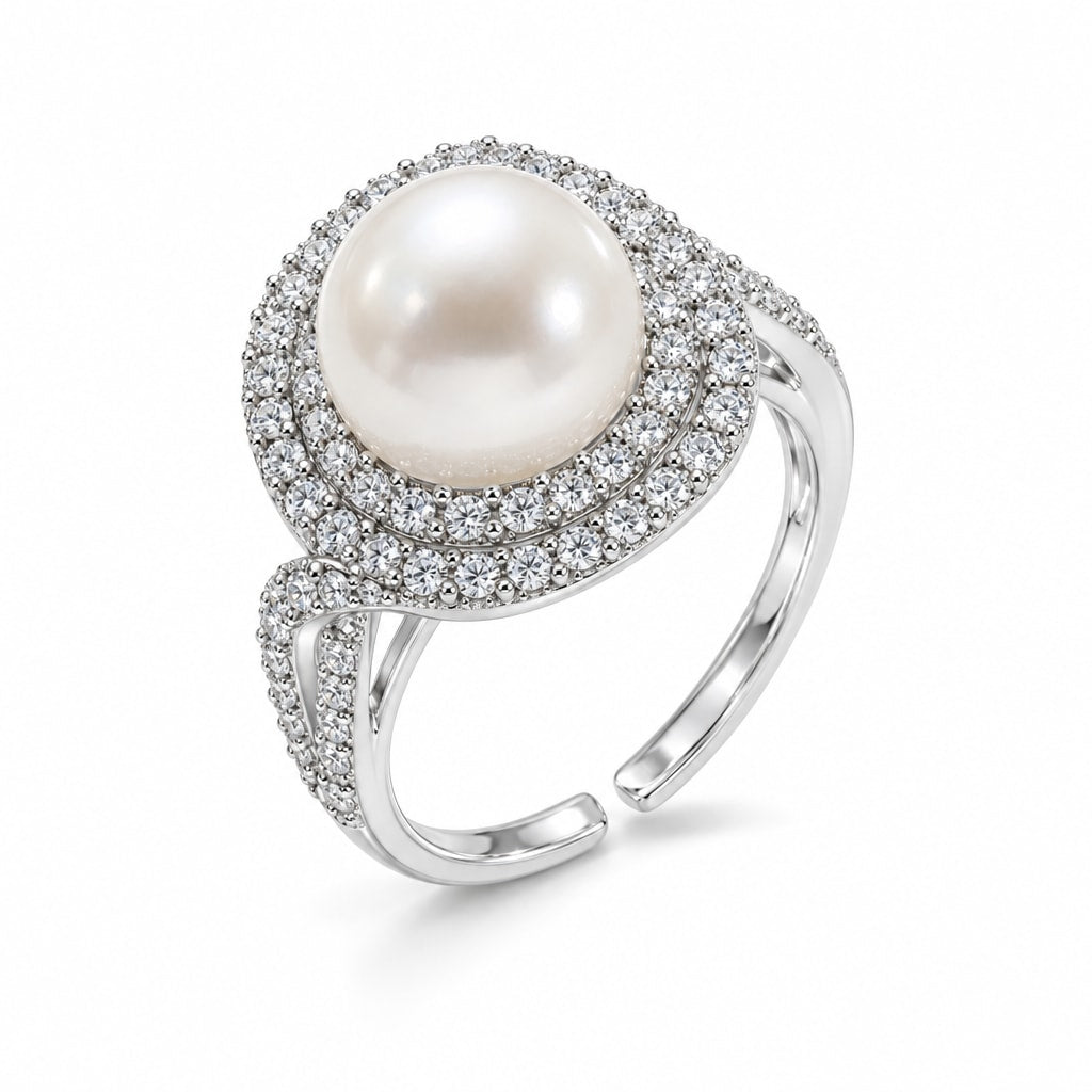 Elodie double halo pearl ring in gold-plated sterling silver on white background - second finish