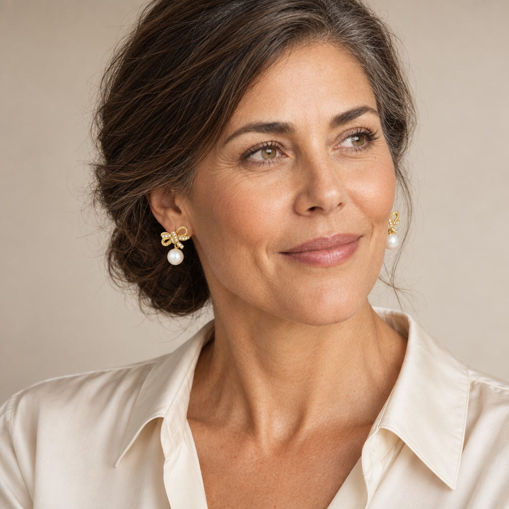 Woman in her thirties wearing the Emilie bow pearl drop earrings, hair pinned half up