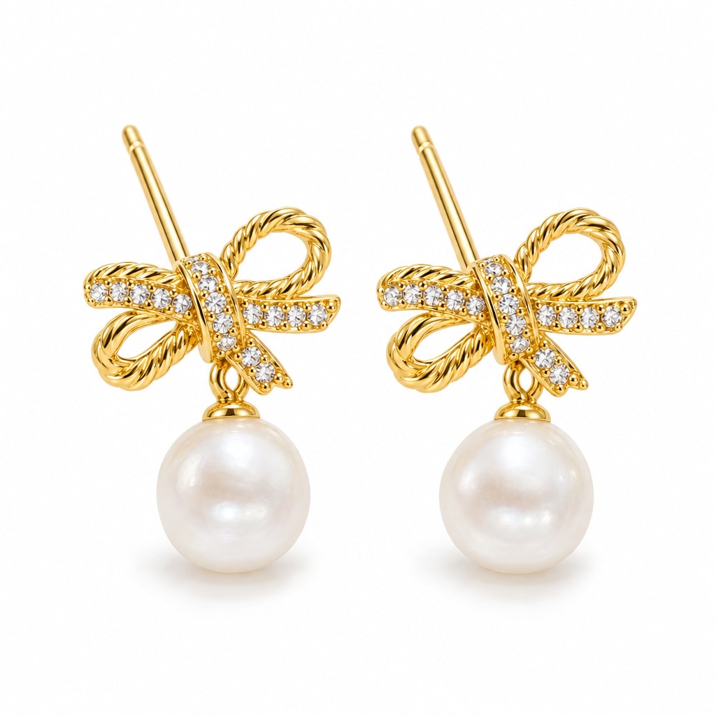 Emilie pearl earrings, rope-loop bows with pavé knots and 7-8mm white button pearls beneath