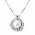 Emmeline pavé knot halo freshwater pearl pendant necklace in sterling silver on white background
