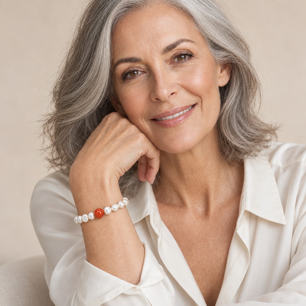 Close-up of a wrist wearing the Eugenia white pearl bracelet with red accent bead