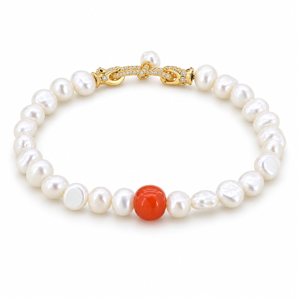 Eugenia white baroque freshwater pearl bracelet with one red-orange accent bead, flat lay on pale green