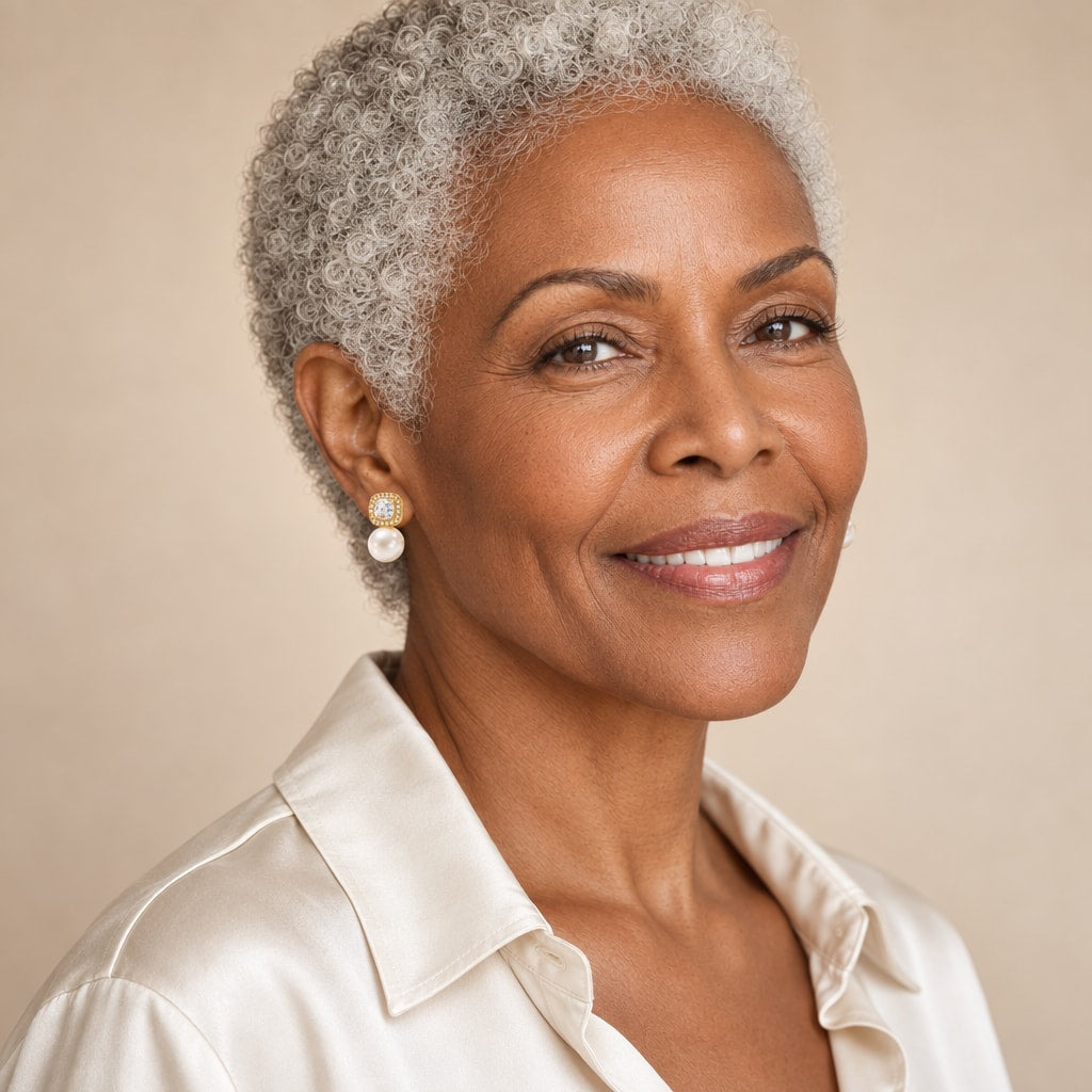 Woman in her fifties wearing the Fabienne halo pearl earrings, hair swept up