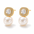 Fabienne pearl earrings, cushion-cut crystal halos above 7-8mm white freshwater pearls