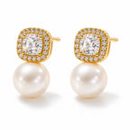 Fabienne pearl earrings, cushion-cut crystal halos above 7-8mm white freshwater pearls