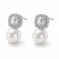 Fabienne pearl earrings, cushion-cut crystal halos above 7-8mm white freshwater pearls - second finish