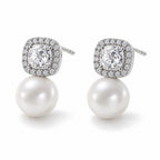 Fabienne pearl earrings, cushion-cut crystal halos above 7-8mm white freshwater pearls - second finish