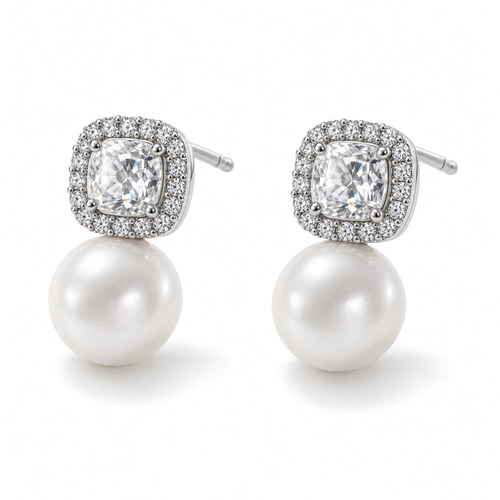 Fabienne pearl earrings, cushion-cut crystal halos above 7-8mm white freshwater pearls - second finish