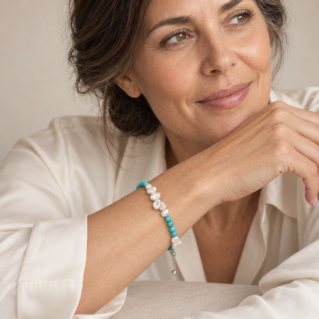 Close-up of a wrist wearing the Federica keshi pearl and turquoise-blue bead bracelet