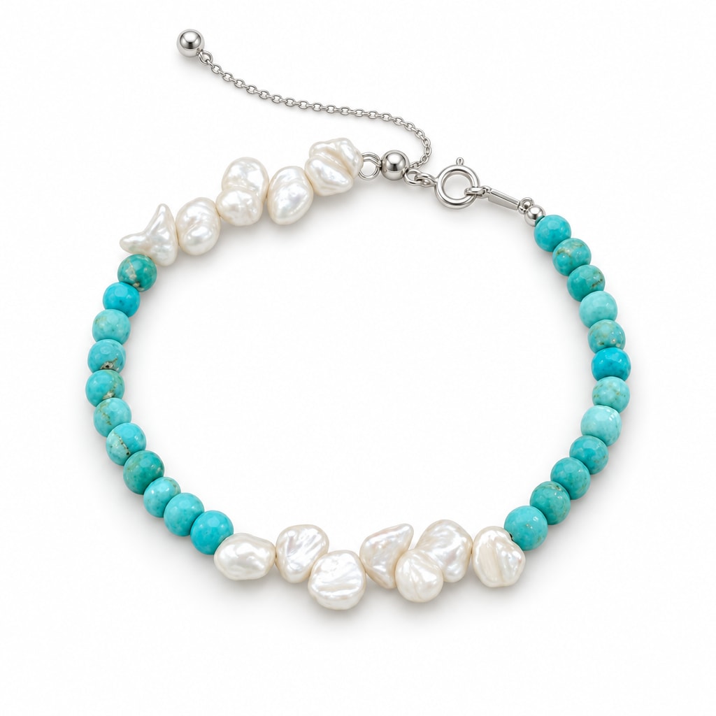 Federica turquoise-blue bead bracelet with two clusters of white keshi pearls, flat lay on white