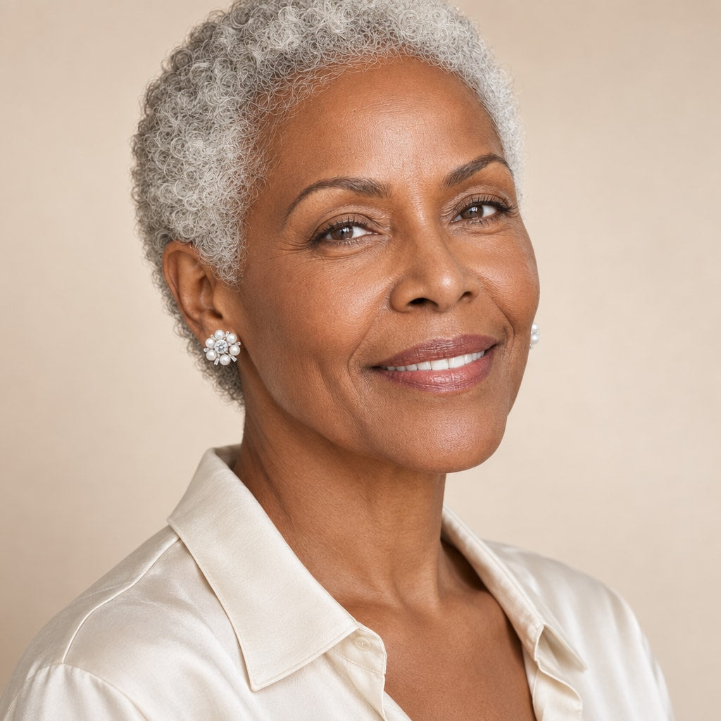 Woman in her sixties wearing the Femke pearl cluster flower stud earrings, hair swept back