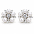 Femke pearl cluster flower stud earrings, 5-6mm white freshwater pearls with clear crystal accents in sterling silver