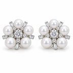 Femke pearl cluster flower stud earrings, 5-6mm white freshwater pearls with clear crystal accents in sterling silver
