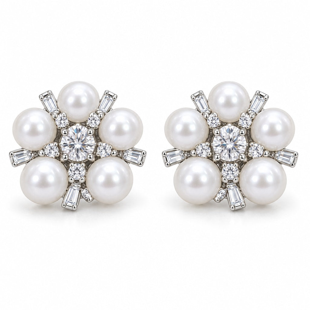 Femke pearl cluster flower stud earrings, 5-6mm white freshwater pearls with clear crystal accents in sterling silver