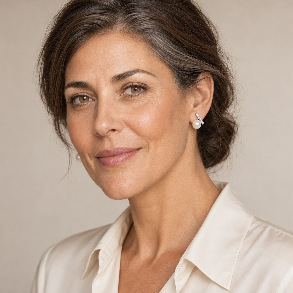 Woman in her forties wearing the Fenna diagonal bar pearl stud earrings, hair pulled back