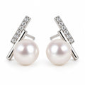 Fenna pavé diagonal bar pearl stud earrings, 10-11mm white freshwater pearls with crystal bars