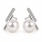 Fenna pavé diagonal bar pearl stud earrings, 10-11mm white freshwater pearls with crystal bars