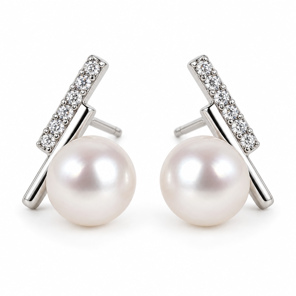 Fenna pavé diagonal bar pearl stud earrings, 10-11mm white freshwater pearls with crystal bars