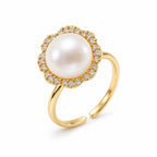 Flora scalloped halo pearl ring in gold-plated sterling silver on white background