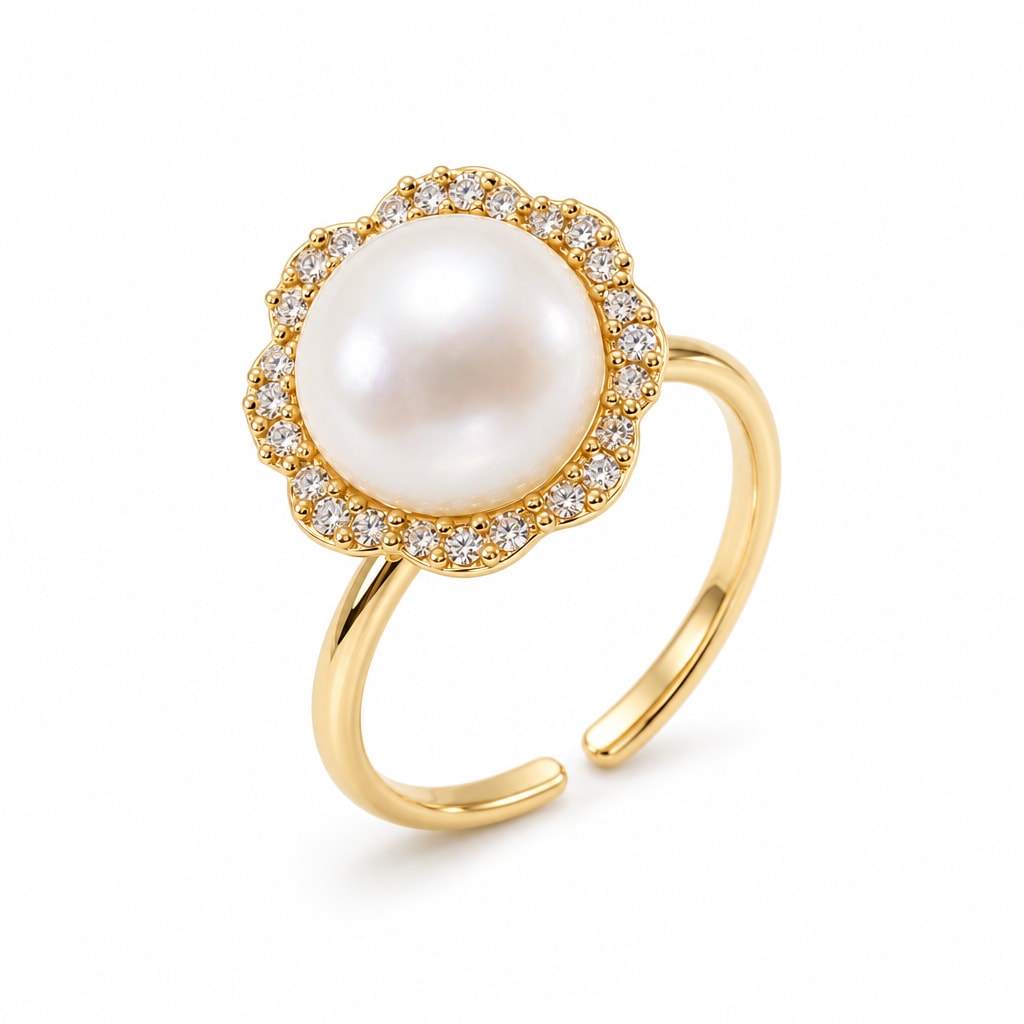 Flora scalloped halo pearl ring in gold-plated sterling silver on white background