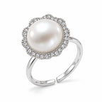 Flora scalloped halo pearl ring in gold-plated sterling silver on white background - second finish