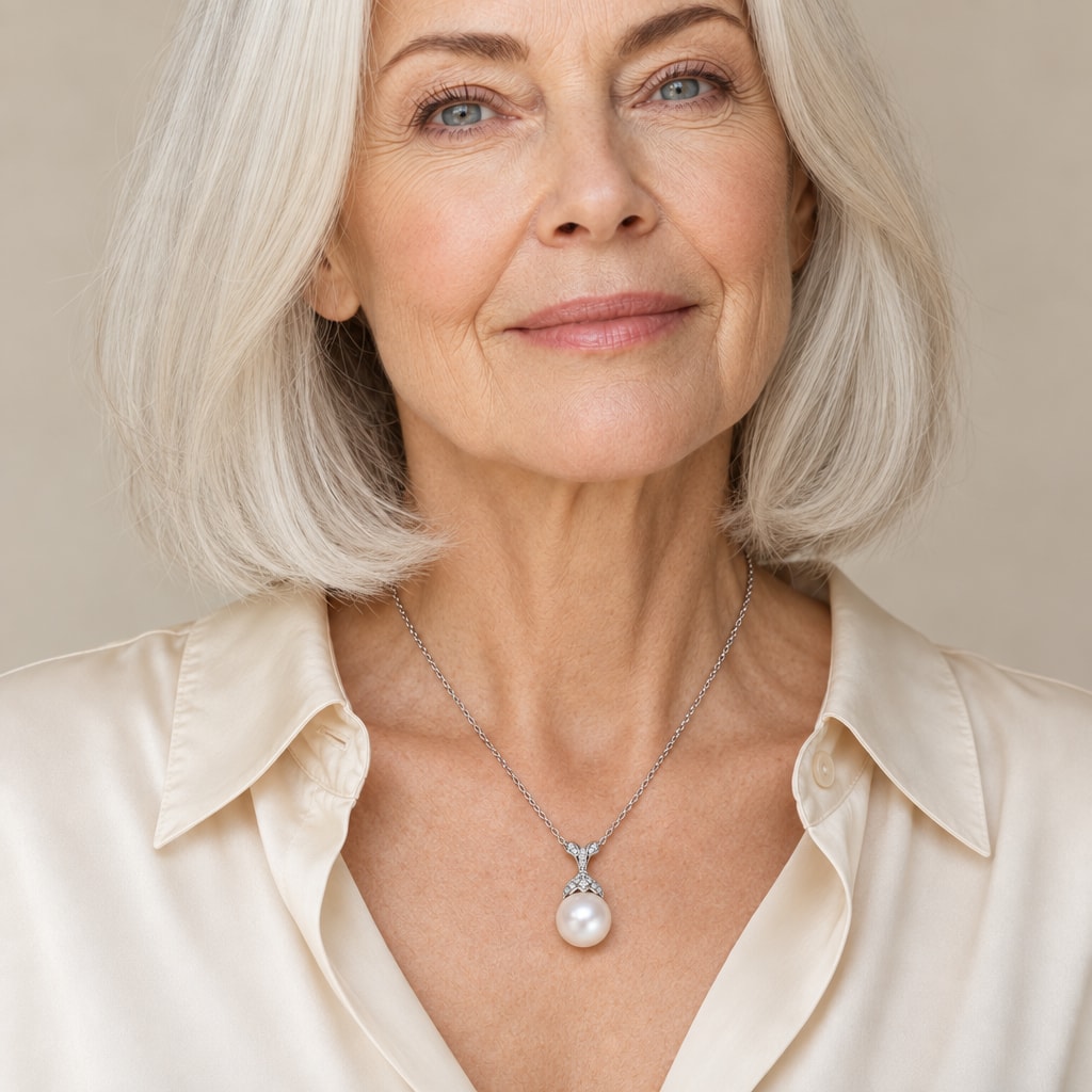 Woman wearing the Frances crown pearl pendant necklace at the sternum over a black ribbed top