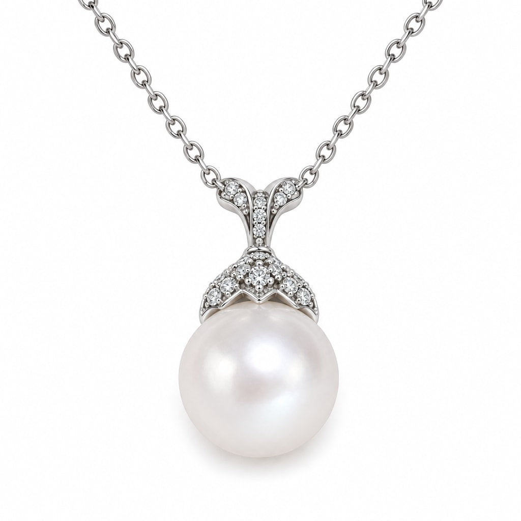 Frances pavé crown cap freshwater pearl pendant necklace in sterling silver on white background