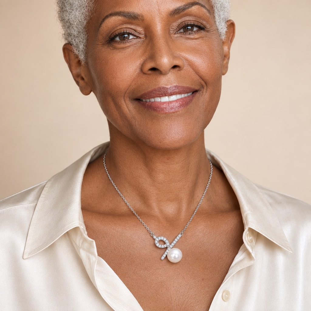 Woman wearing the Freya pavé ribbon pearl necklace at the collarbone with a white collared shirt