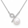 Freya pavé ribbon loop freshwater pearl station necklace in sterling silver on white background