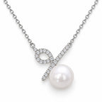 Freya pavé ribbon loop freshwater pearl station necklace in sterling silver on white background
