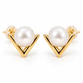 Friederike V chevron pearl stud earrings, 7-8mm white freshwater pearls in a polished V frame