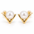 Friederike V chevron pearl stud earrings, 7-8mm white freshwater pearls in a polished V frame