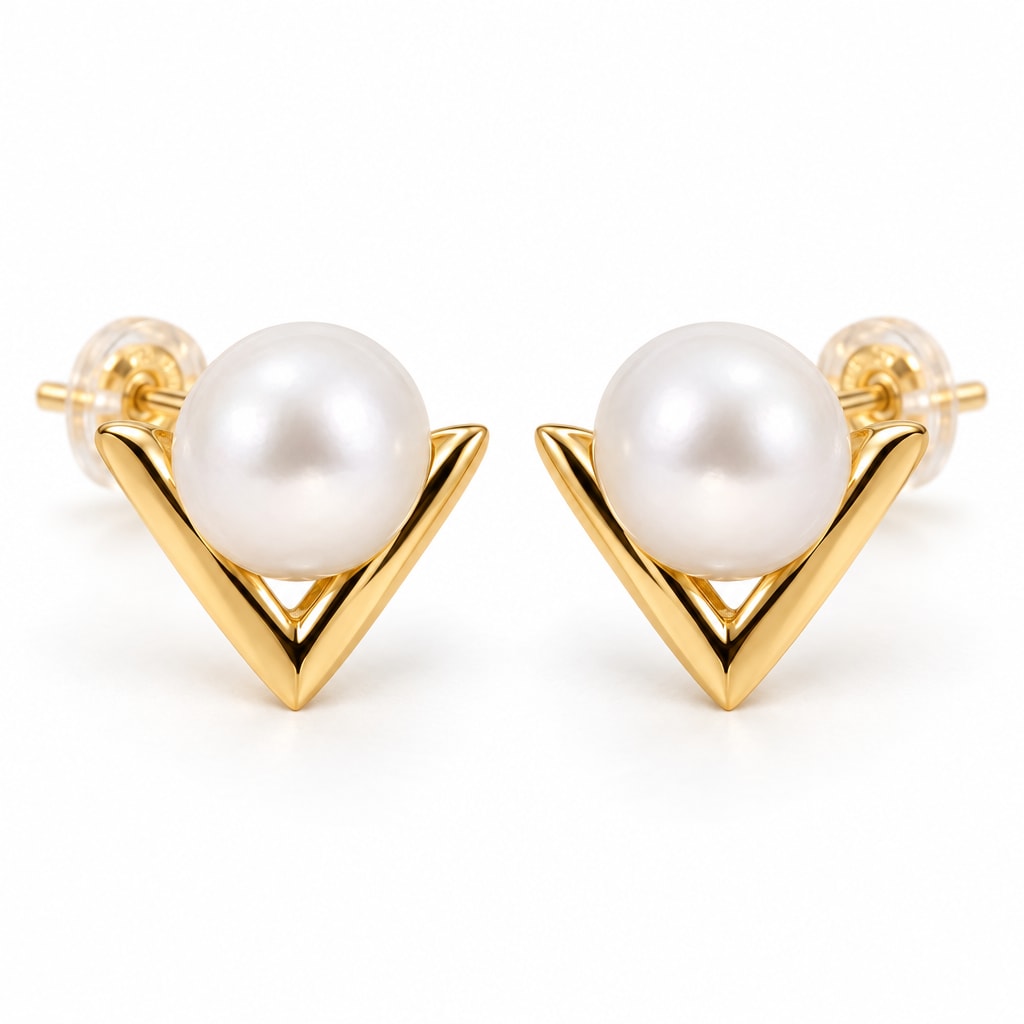 Friederike V chevron pearl stud earrings, 7-8mm white freshwater pearls in a polished V frame