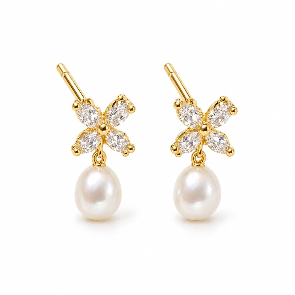 Gabrielle pearl earrings, marquise crystal flowers with 7-8mm white rice pearls hanging beneath