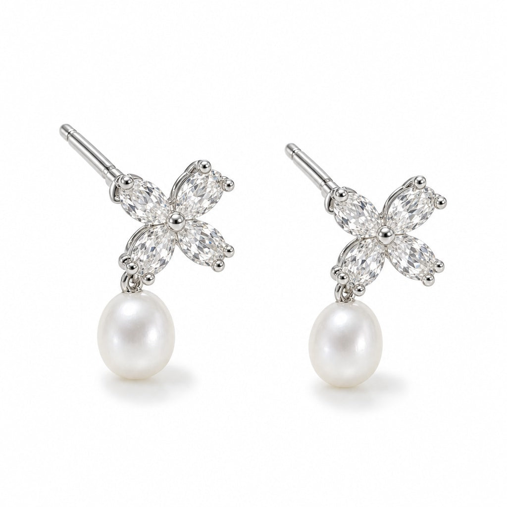 Gabrielle pearl earrings, marquise crystal flowers with 7-8mm white rice pearls hanging beneath - second finish