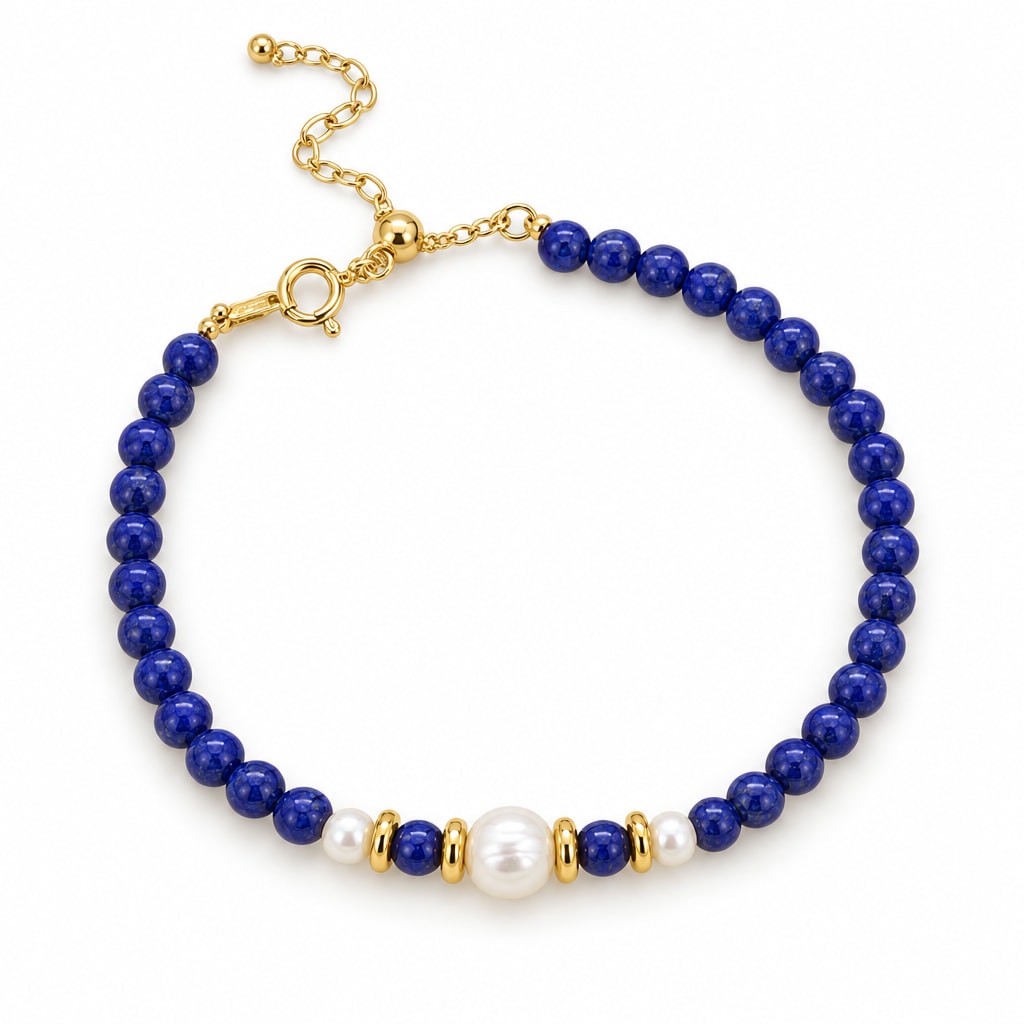 Giulia dark blue bead bracelet with a central white freshwater pearl and two smaller pearls, flat lay on cream