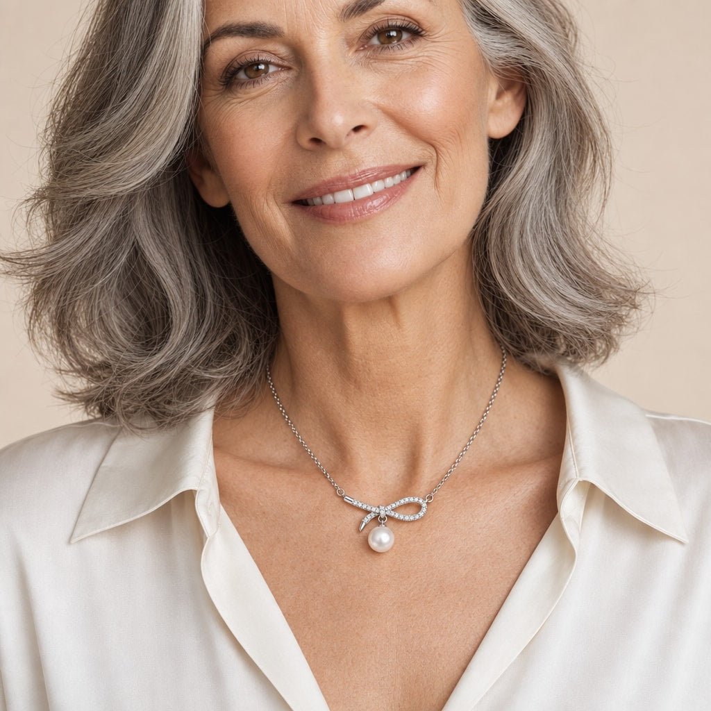 Woman wearing the Grace pavé bow pearl necklace at the collarbone with a black top