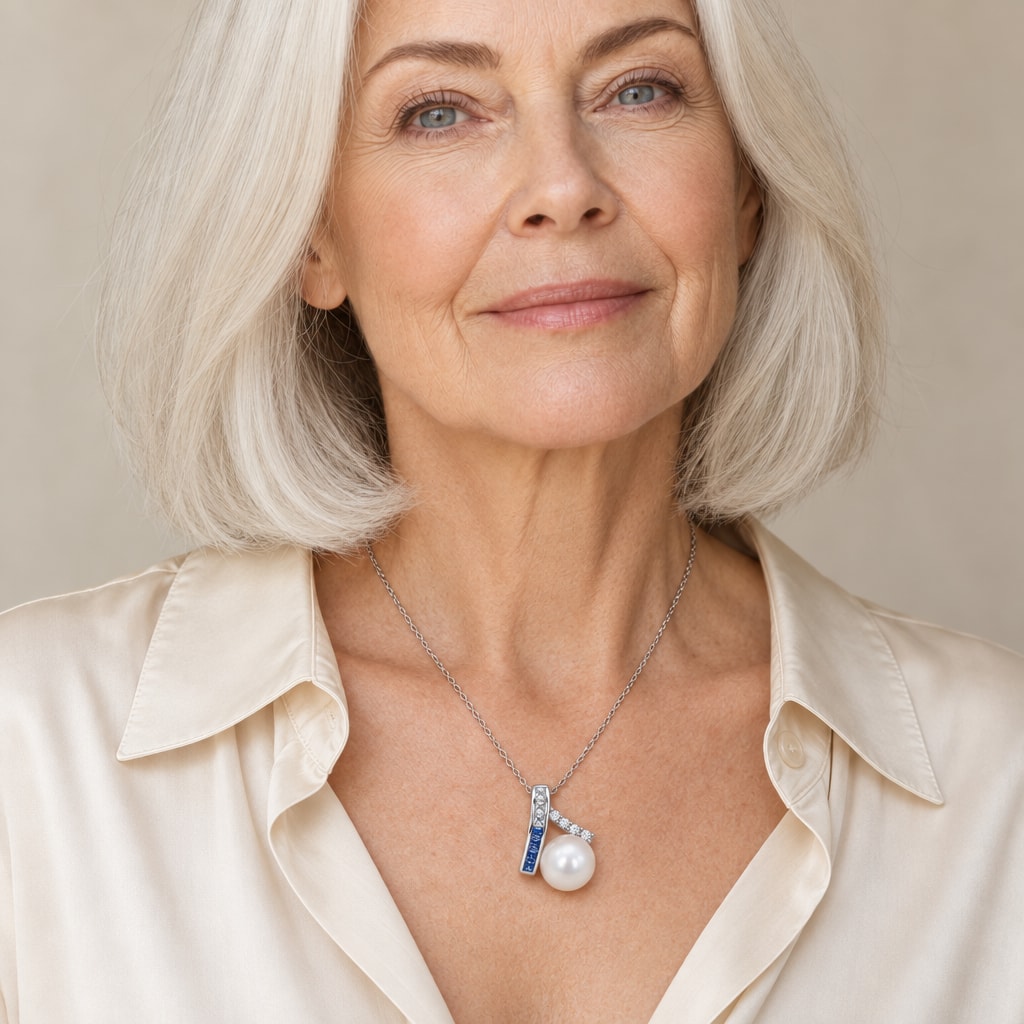 Woman wearing the Greta blue ombré bar pearl pendant necklace at the sternum with a navy crew-neck top